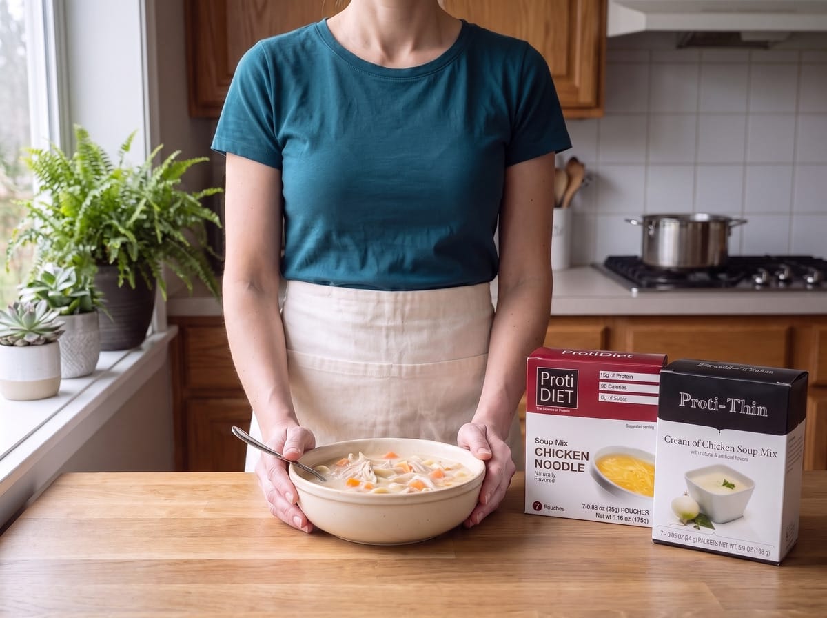 A bowl of creamy chicken noodle stew with diced carrots, beside ProtiDiet chicken noodle and Proti-Thin soup boxes