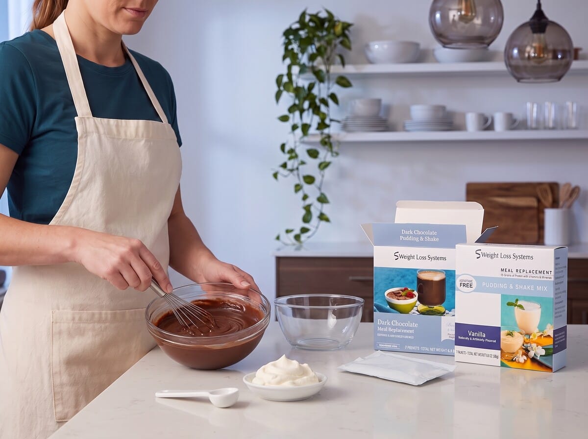 Step 1: whisking the dark chocolate pudding mix with cold water in a glass bowl
