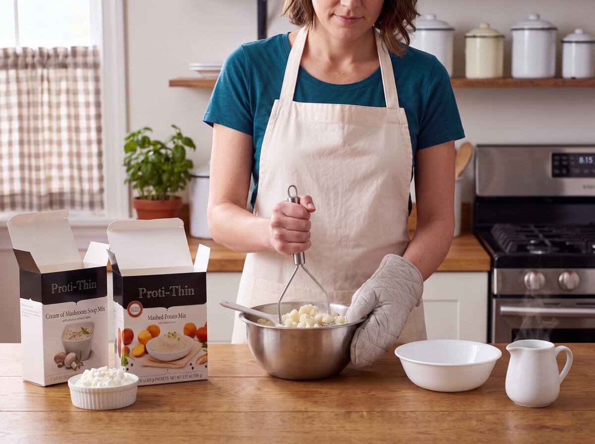 Step 2: mashing cooked cauliflower in a steel bowl with a potato masher, a jug of hot water nearby