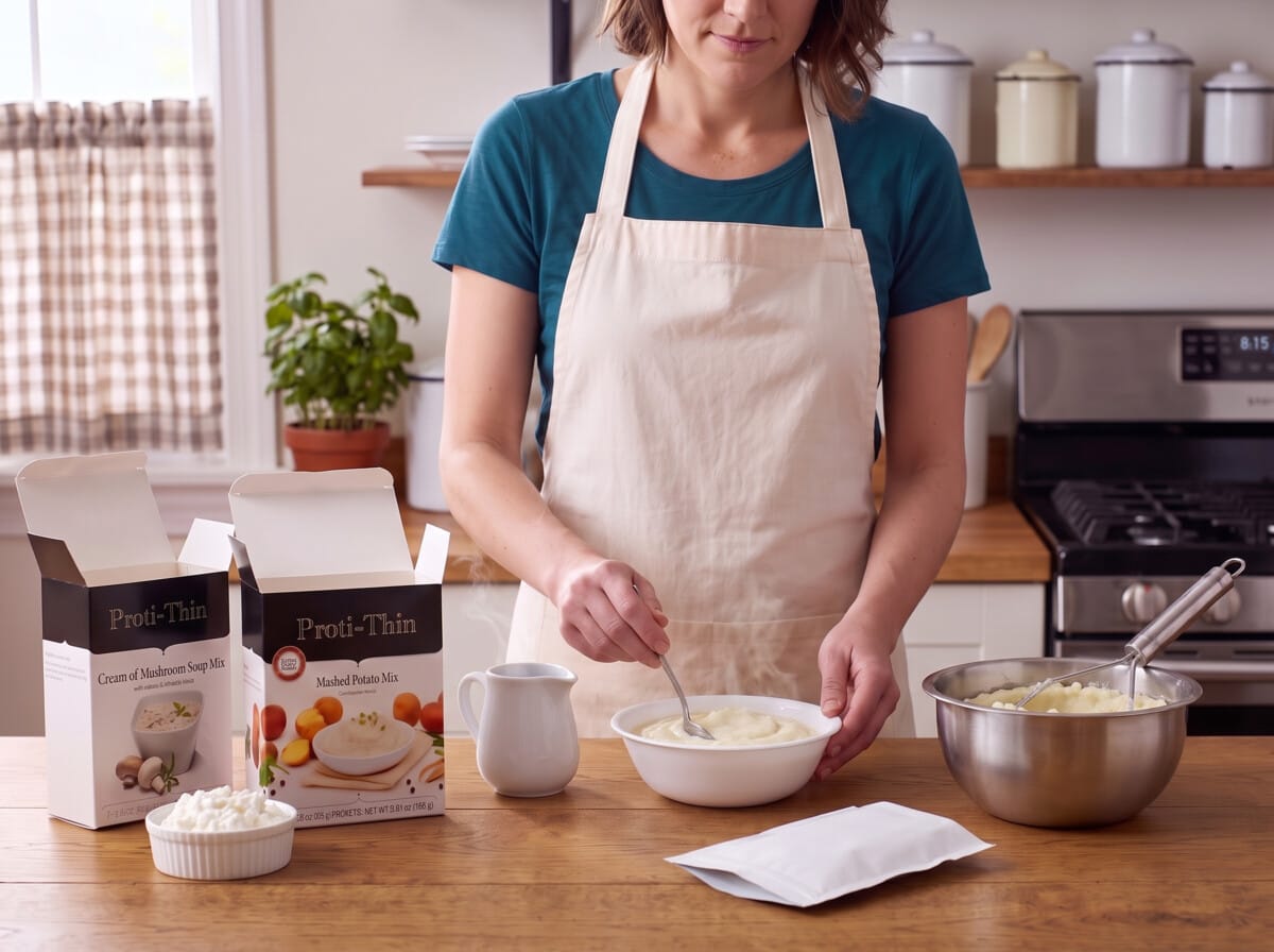 Step 3: stirring the mashed potato mix into hot water in a white bowl, an empty packet on the counter