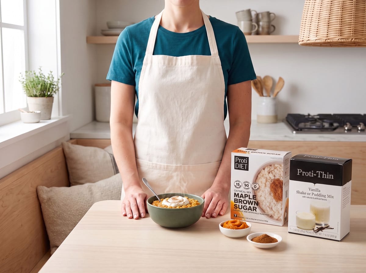 A bowl of pumpkin oatmeal topped with vanilla cream, beside ProtiDiet oatmeal and Proti-Thin vanilla boxes
