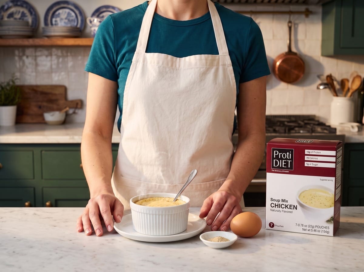A baked chicken and egg custard in a white ramekin with a spoon, a raw egg and a ProtiDiet chicken soup box beside it
