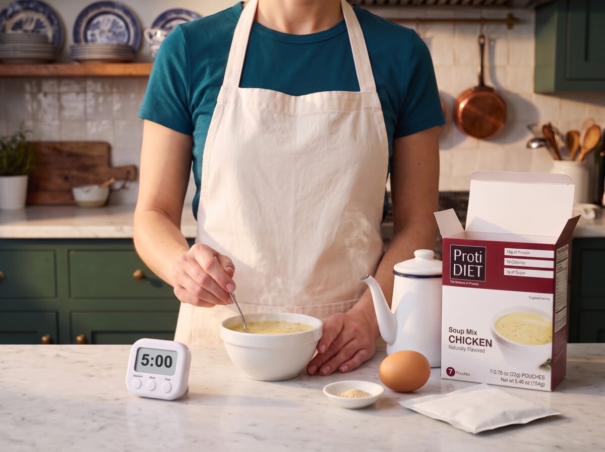 Step 2: stirring the soup mix into hot water in a bowl, a timer reading 5:00 beside it