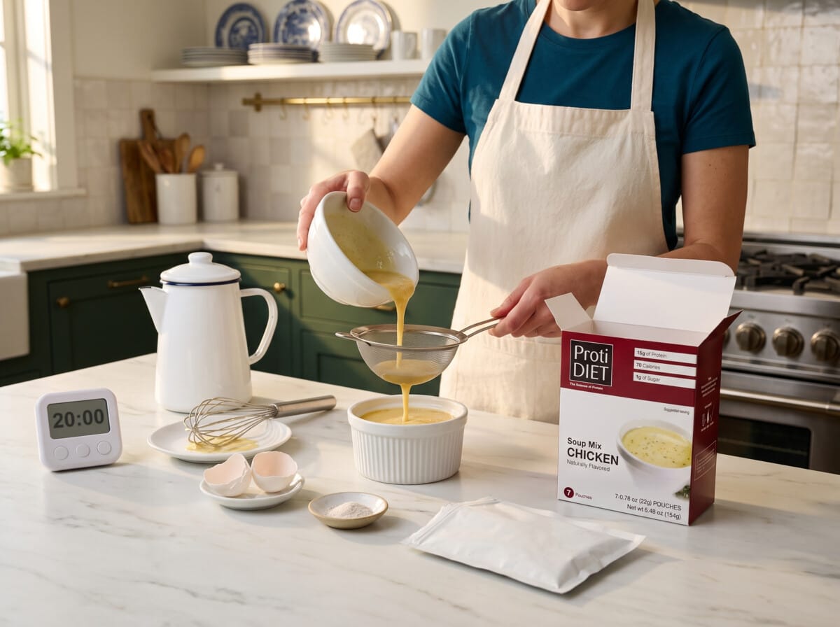 Step 3: pouring the egg and soup mixture through a fine sieve into a white ramekin