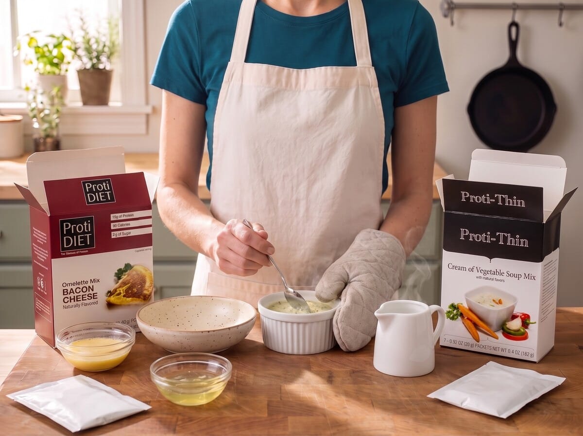 Step 1: stirring the vegetable soup mix with hot water in a ramekin, the omelet mix and egg whites in small bowls