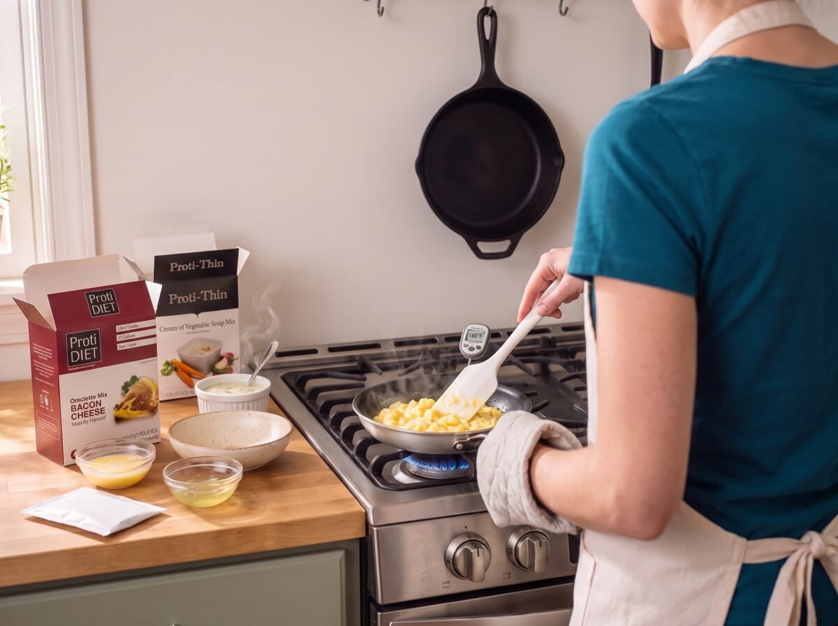 Step 2: stirring soft scrambled eggs in a nonstick pan, a thermometer clipped to the side