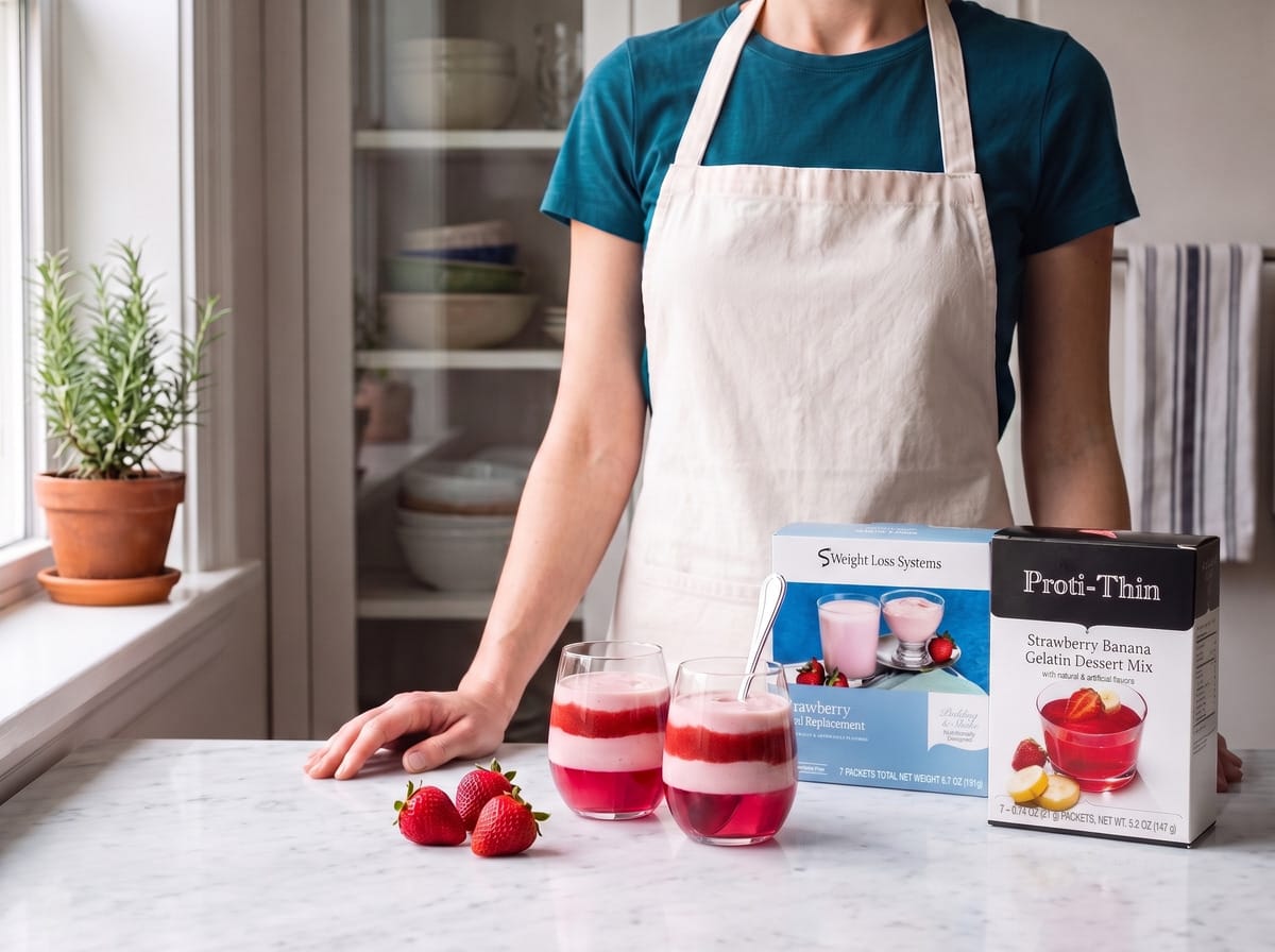 Two glasses of layered strawberry parfait beside fresh strawberries and Weight Loss Systems and Proti-Thin boxes