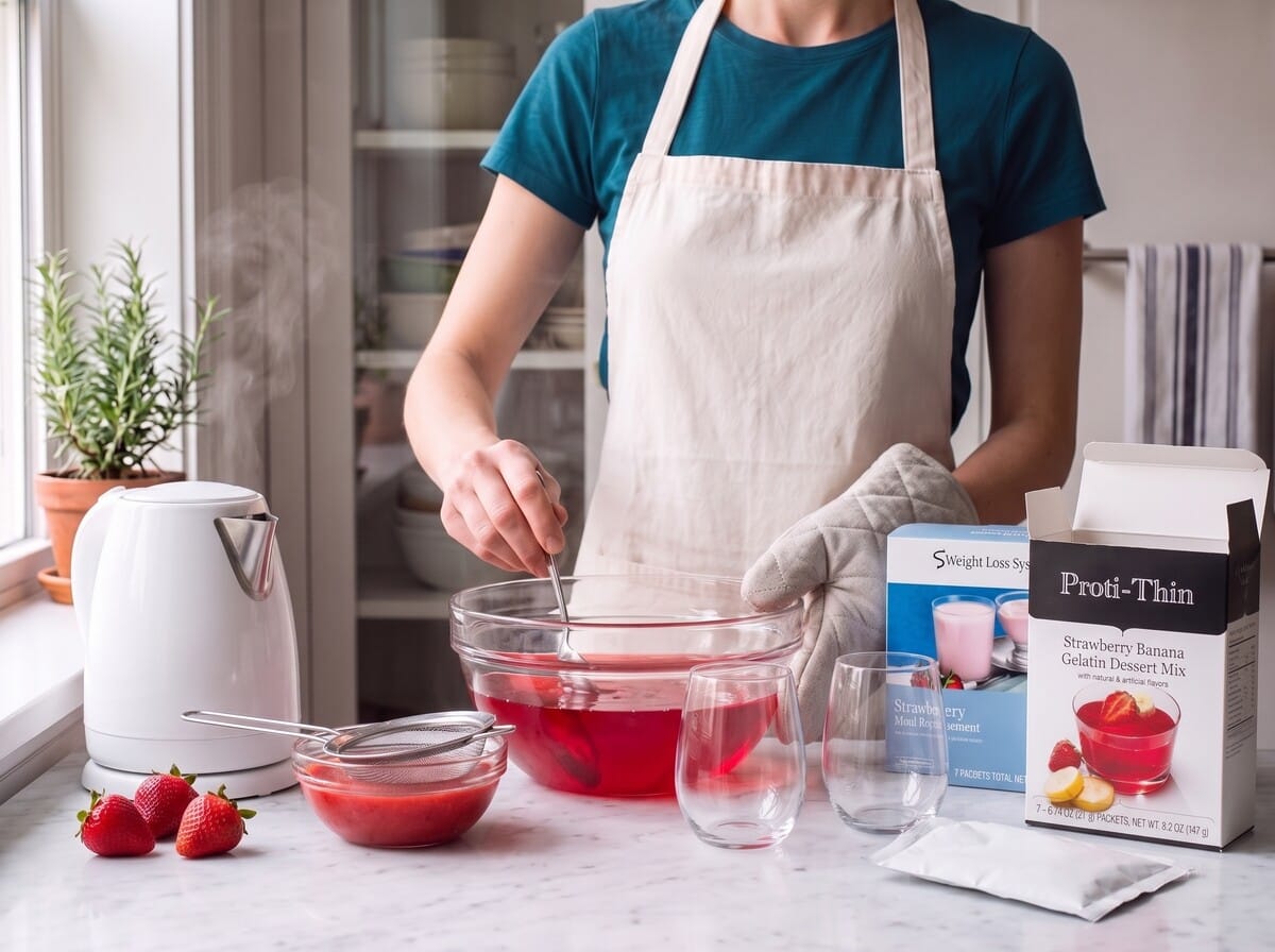 Step 1: stirring the strawberry banana gelatin mix into hot water in a glass bowl