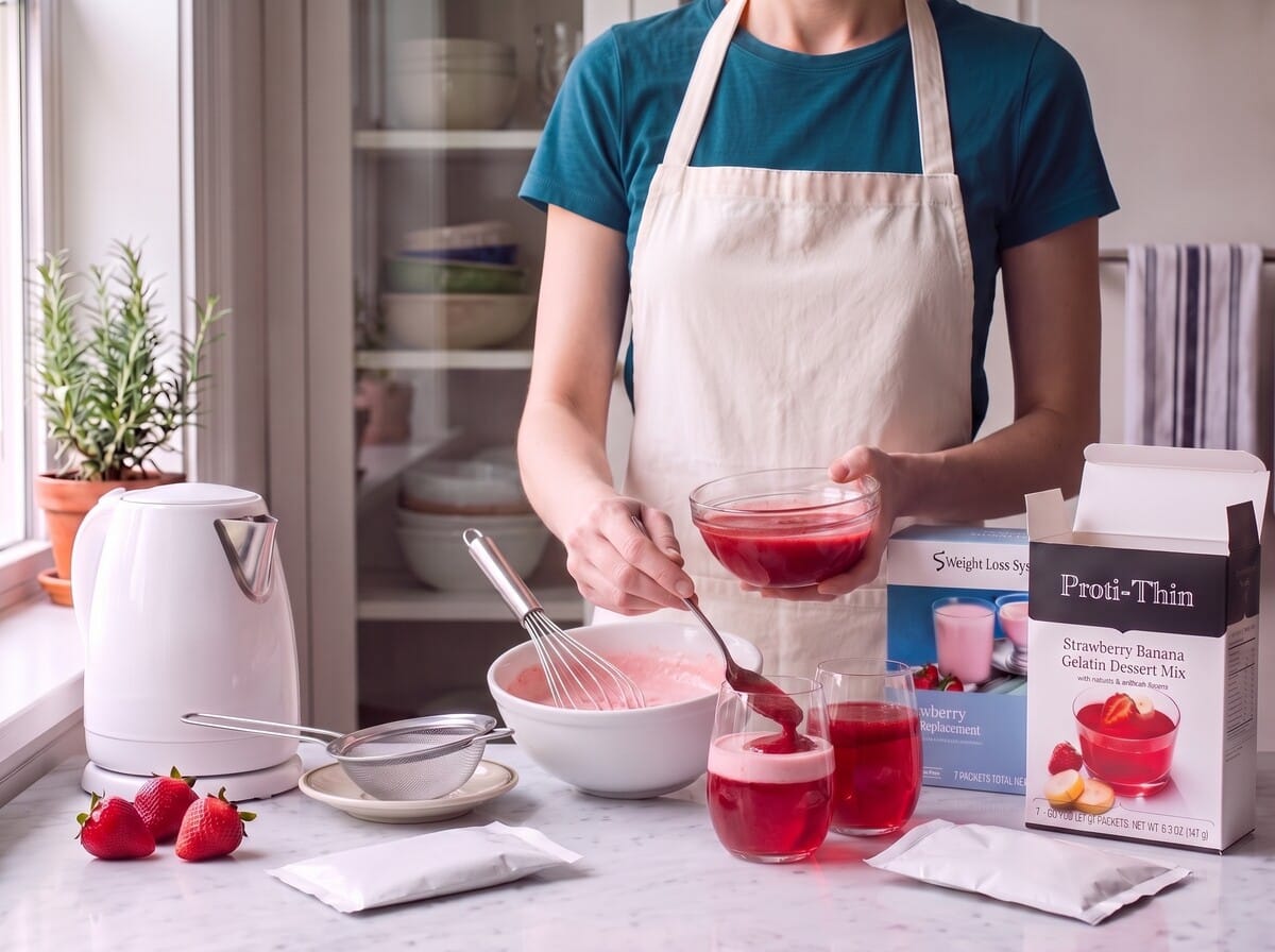 Step 4: spooning strained strawberry puree over the set gelatin in a glass