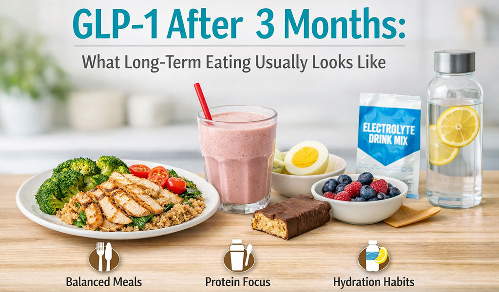 Balanced, protein-forward meals on a table, including grilled chicken with vegetables, a protein shake, eggs, berries, a protein bar, and water with electrolyte mix, illustrating steady long-term eating habits after three months on GLP-1.