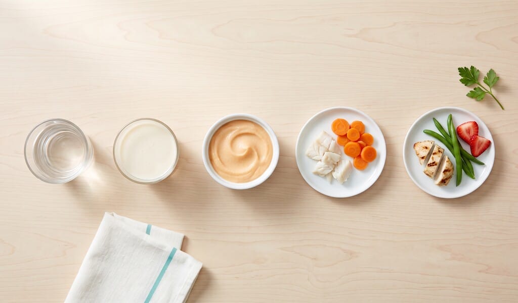 Five servings in a row on a wood table: water, a milky drink, puree, soft fish with carrots, chicken with green beans.
