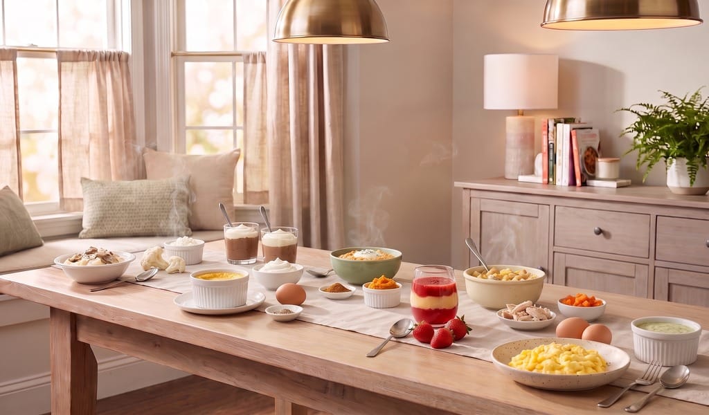 Seven pureed and soft dishes on a dining table: mash, mousse cups, custard, oatmeal, stew, parfait and scrambled eggs