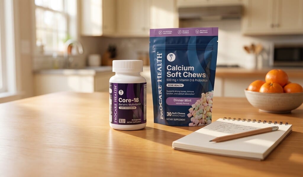 ProCare Health Core-18 bariatric multivitamin bottle and Calcium Soft Chews pouch on a wooden table with a notebook.