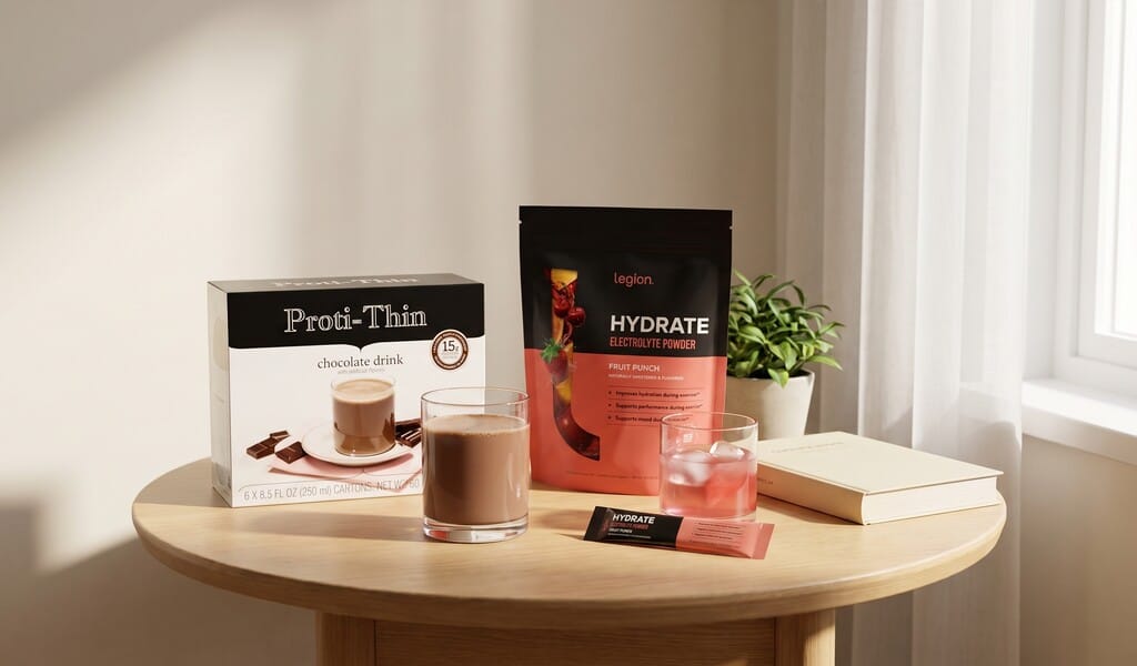 A Proti-Thin chocolate drink and a glass of Legion Hydrate fruit punch on a sunlit table beside an open book.