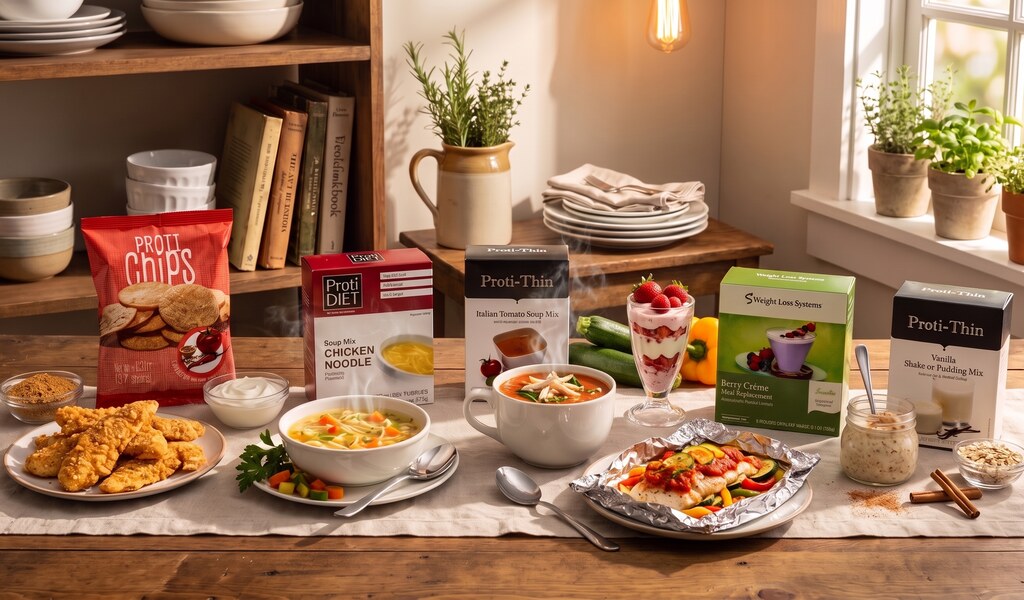 Spread of six dishes on a table, each beside its Proti-thin, ProtiDiet, Proti Chips or Weight Loss Systems pack