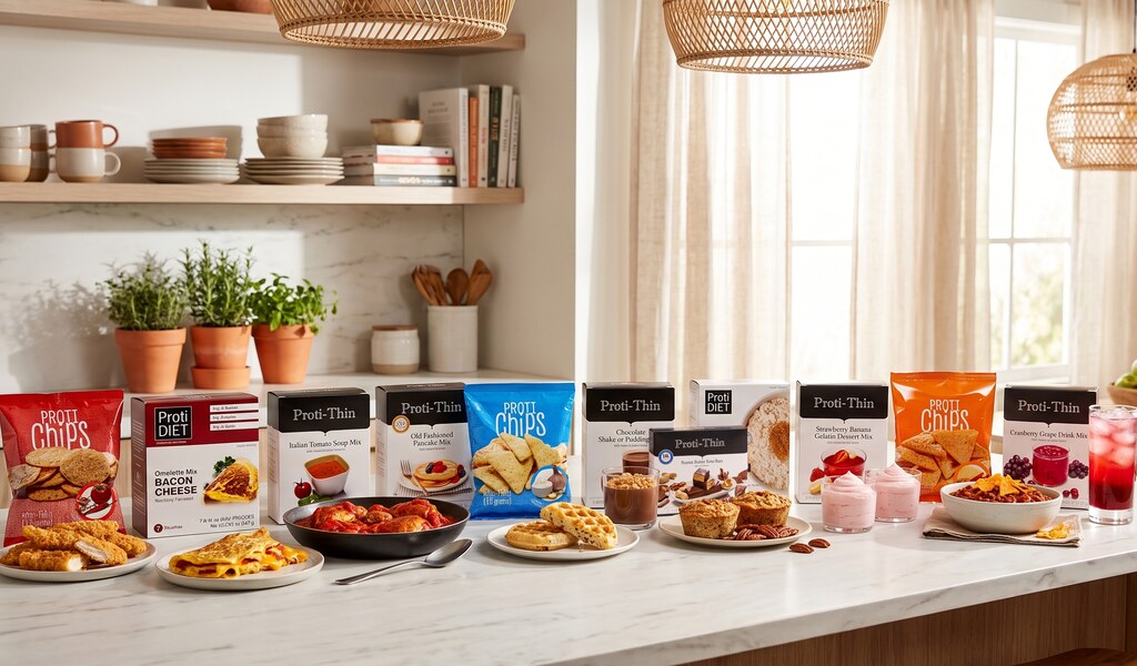 Nine finished recipes on a kitchen counter, each beside its Proti-thin, ProtiDiet or Proti Chips pack