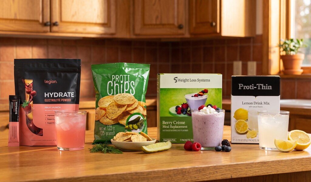 Legion Hydrate pink drink, Proti-thin dill pickle chips, berry smoothie and Proti-thin lemon drink on a wood counter