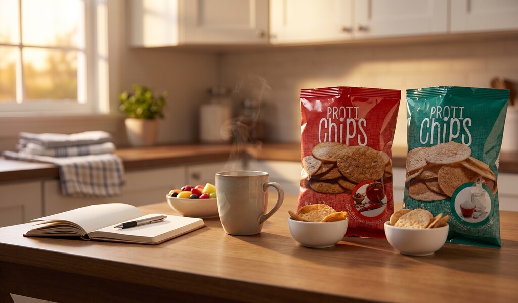 A mug of tea, an open notebook and two bowls of protein chips beside their bags on a table in warm evening light
