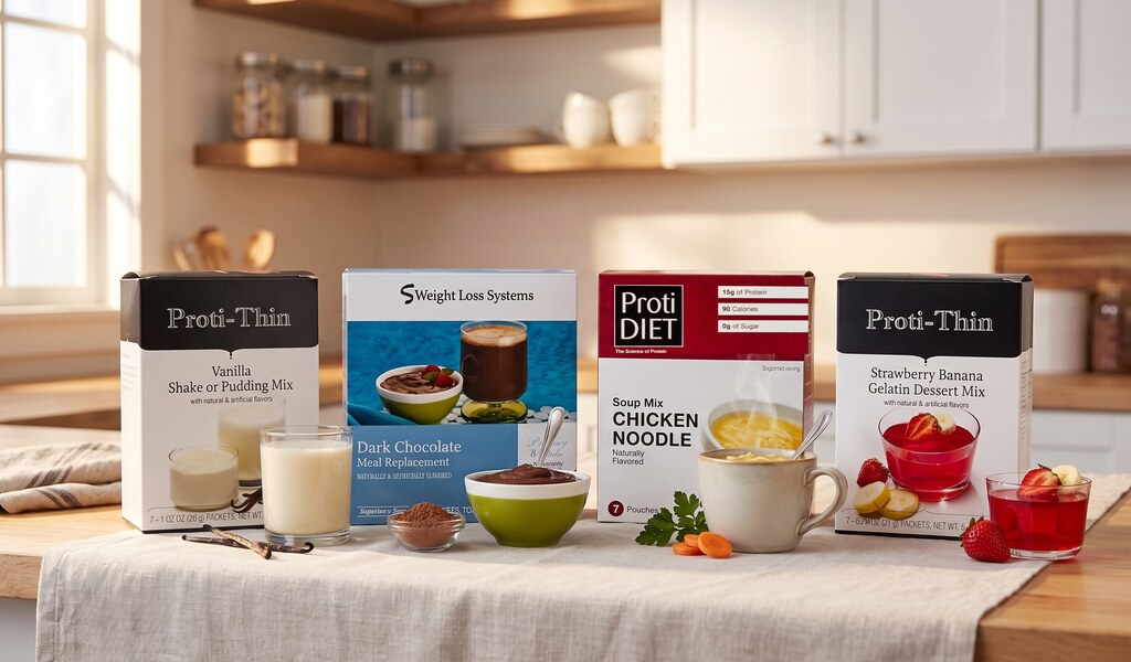 Proti-thin vanilla shake, dark chocolate pudding, ProtiDiet chicken noodle soup and Proti-thin strawberry banana gelatin