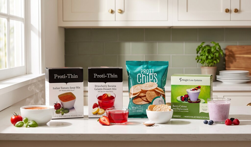 Proti-thin tomato soup and strawberry banana gelatin, protein chips and a Weight Loss Systems berry smoothie by their packs