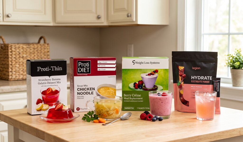 Proti-thin strawberry banana gelatin, ProtiDiet chicken noodle soup, berry smoothie and Legion Hydrate pink drink
