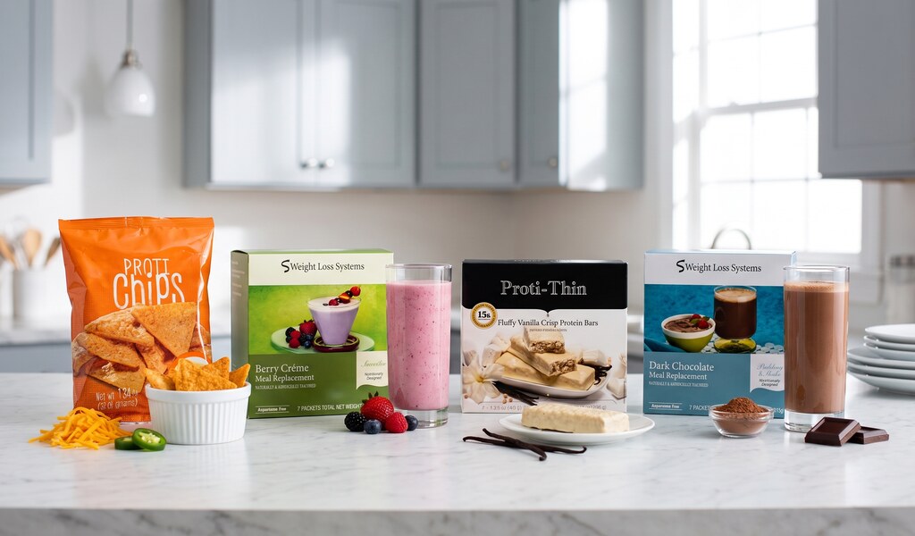 Proti-thin spicy nacho chips, berry smoothie, Proti-thin vanilla crisp bar and dark chocolate shake on a marble counter