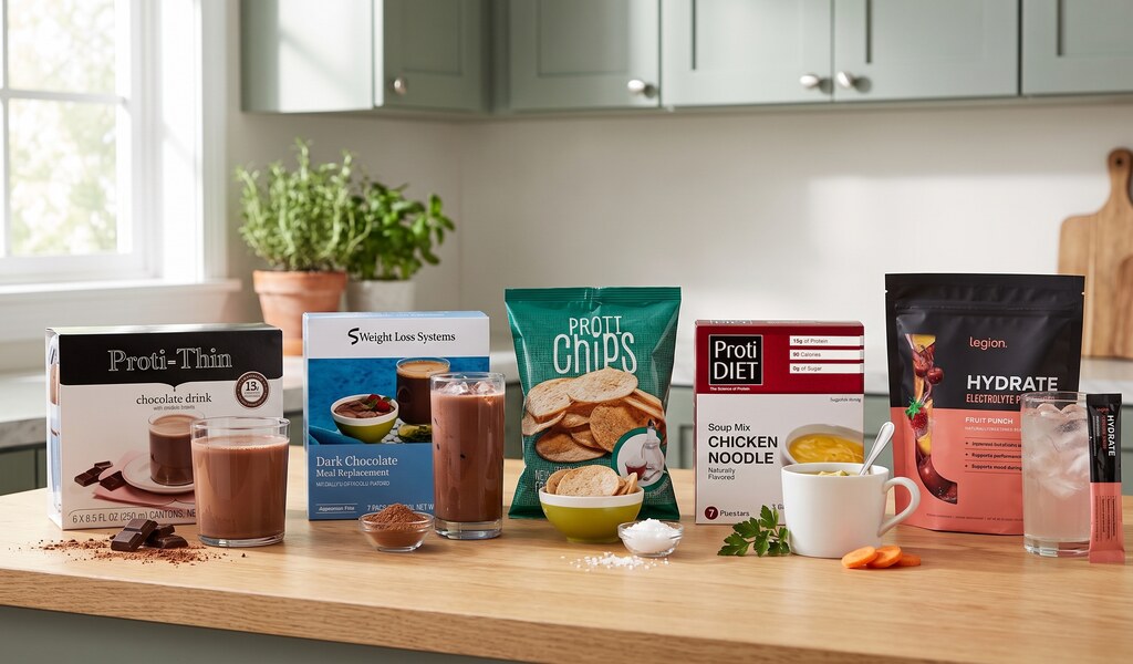 Proti-thin chocolate drink, dark chocolate shake, Proti-thin chips, ProtiDiet chicken noodle soup, Legion Hydrate pink drink