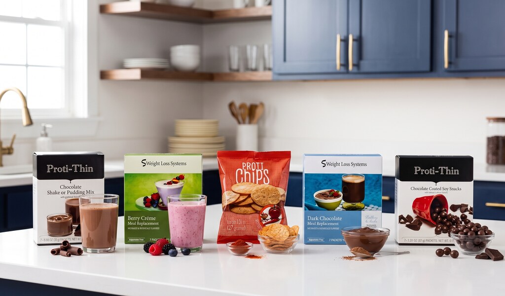 Proti-thin chocolate shake, berry smoothie, barbecue chips, dark chocolate pudding and Proti-thin chocolate soy snacks