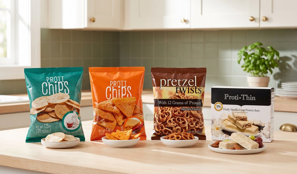 Bowls of protein chips and pretzel twists by their bags, with a Proti-thin vanilla crisp bar, almonds and grapes