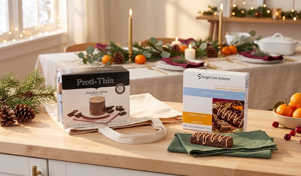 A Proti-Thin chocolate drink box with a tote bag and a Weight Loss Systems Caramel Cocoa bar beside a set table.