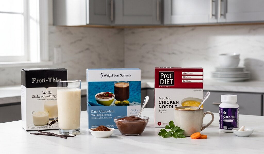 Proti-thin vanilla shake, dark chocolate pudding, ProtiDiet chicken noodle soup and a ProCare multivitamin bottle