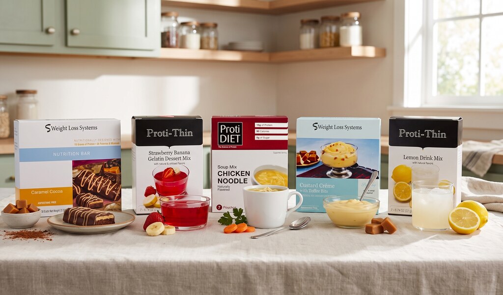 Caramel cocoa bar, Proti-thin gelatin, ProtiDiet chicken noodle soup, custard toffee pudding and Proti-thin lemon drink