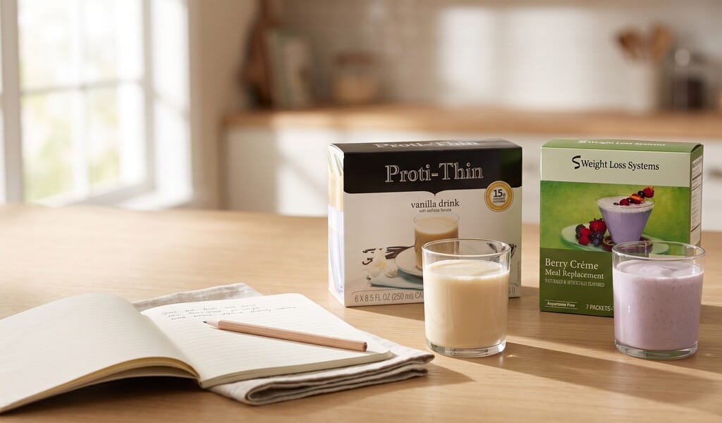 An open notebook and pencil beside a Proti-Thin vanilla drink and a Weight Loss Systems Berry Creme smoothie.