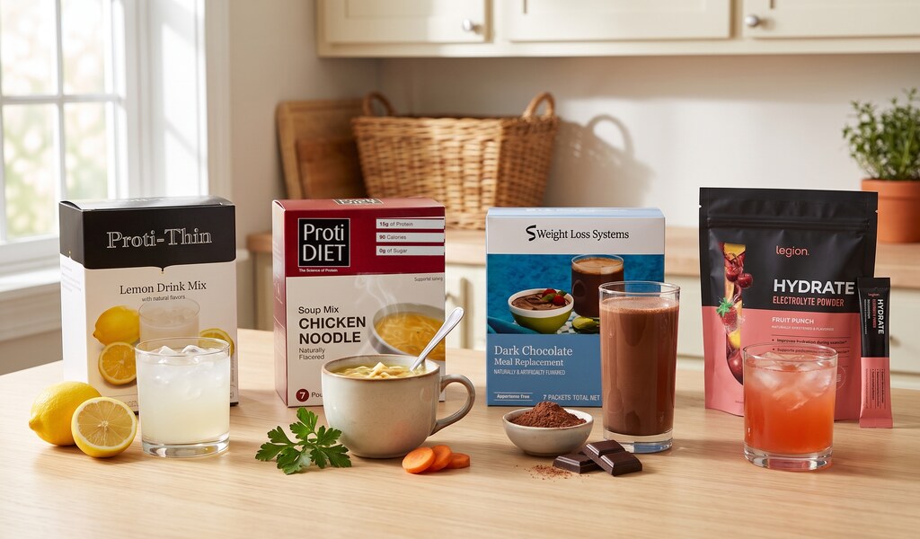Proti-thin lemon drink, ProtiDiet chicken noodle soup, dark chocolate shake and Legion Hydrate pink drink on a counter