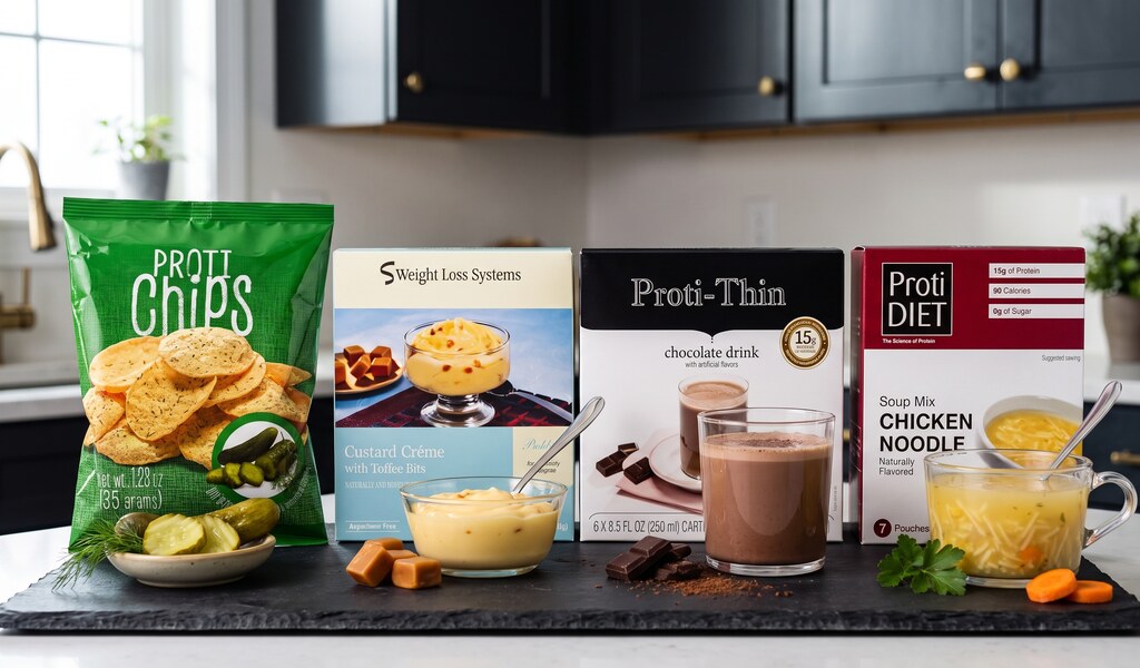 Proti-thin dill pickle chips, custard toffee pudding, Proti-thin chocolate drink and ProtiDiet chicken noodle soup on slate
