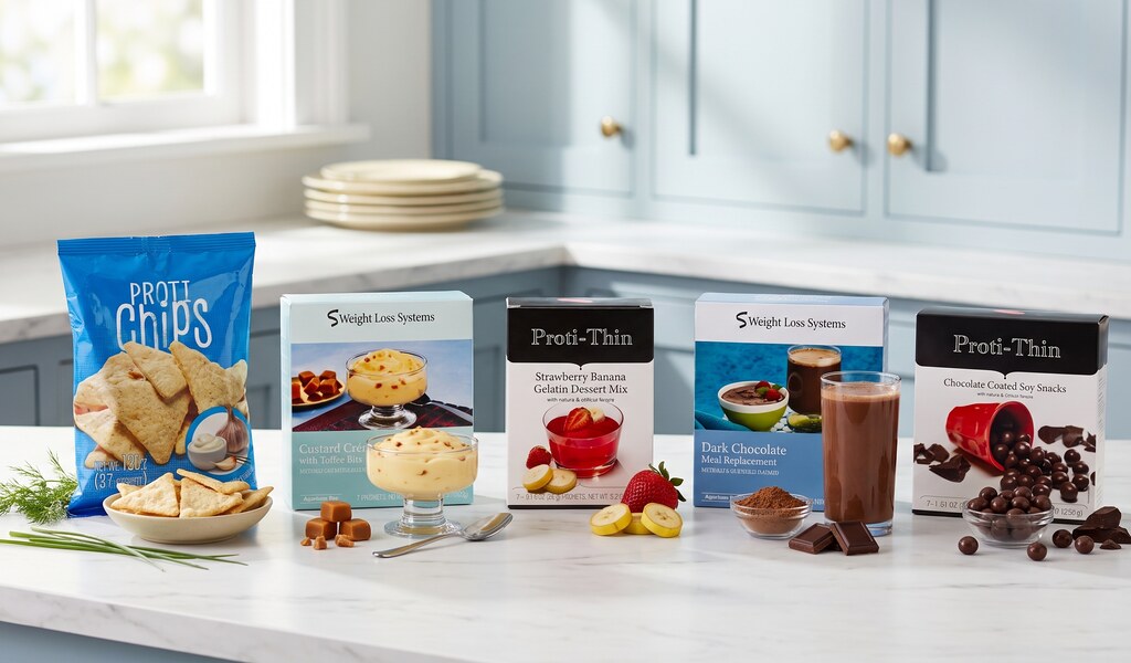 Proti-thin ranch chips, custard toffee pudding, strawberry banana gelatin, dark chocolate shake and chocolate soy snacks