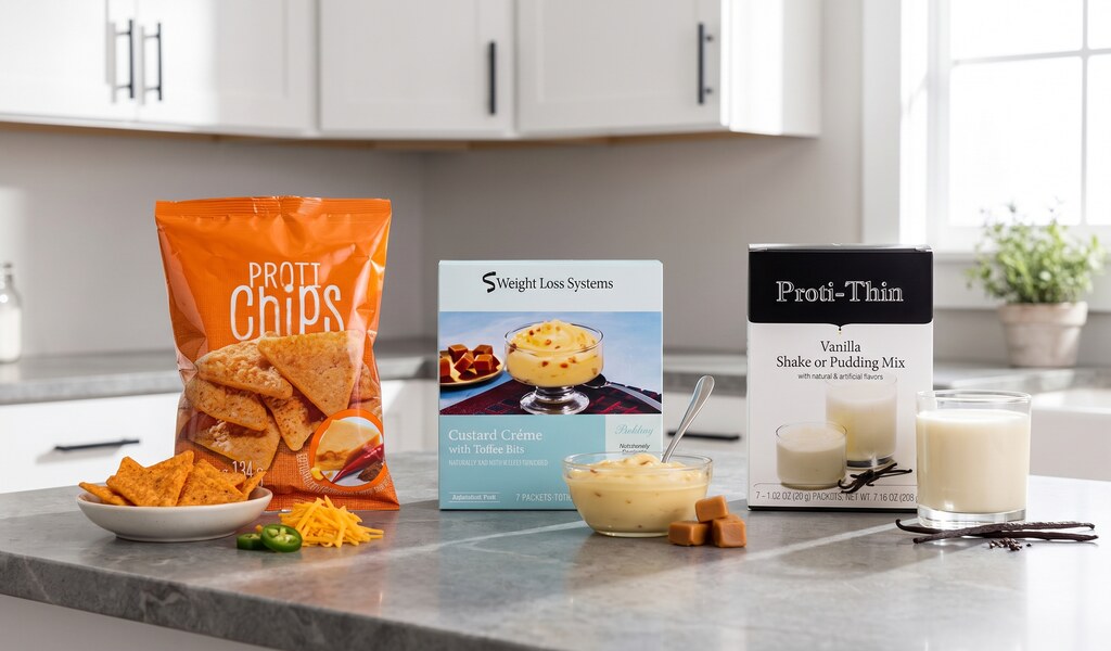 Proti-thin spicy nacho chips, custard toffee pudding and Proti-thin vanilla shake on a gray stone counter