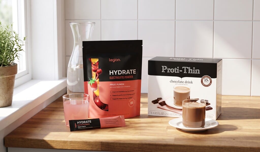 A glass carafe of water, a Legion Hydrate pouch and a Proti-Thin chocolate drink on a sunlit kitchen counter.