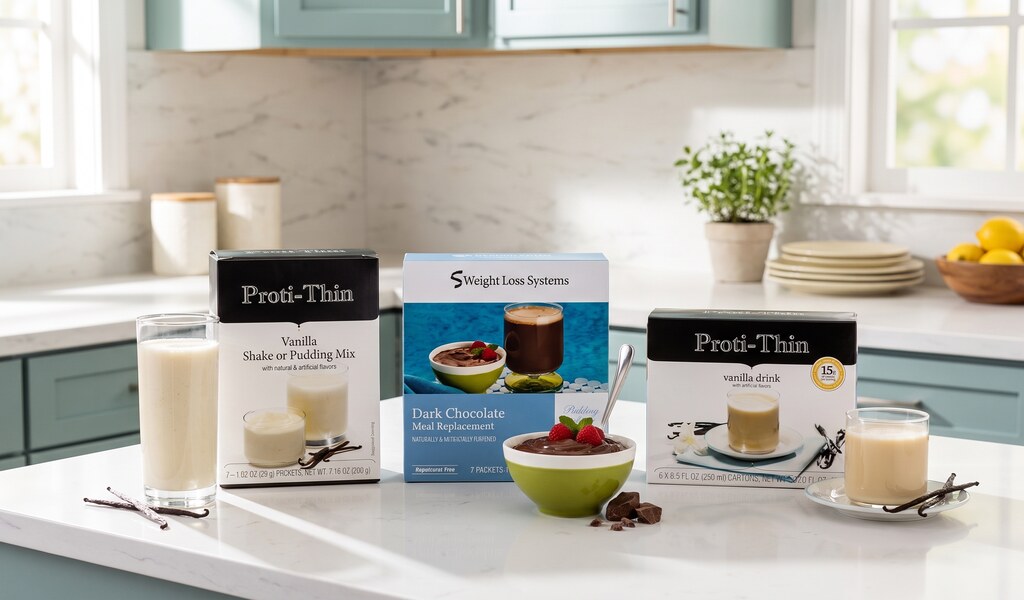 Proti-thin vanilla shake, Weight Loss Systems dark chocolate pudding and Proti-thin vanilla drink by their boxes