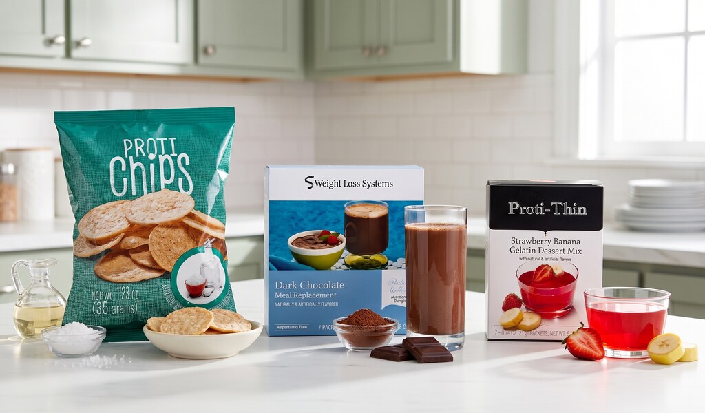 Proti-thin salt and vinegar chips, dark chocolate shake and Proti-thin strawberry banana gelatin on a white counter
