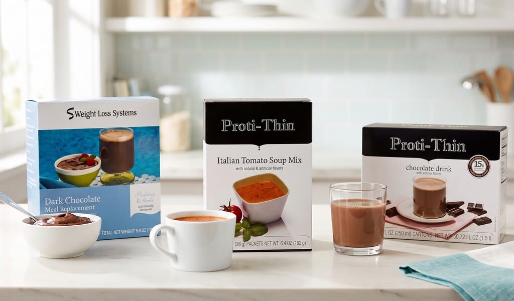 Weight Loss Systems pudding, Proti-Thin tomato soup and a poured Proti-Thin chocolate drink on a kitchen counter.