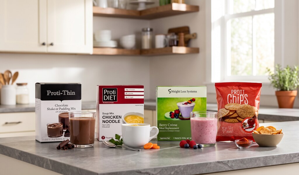 Proti-thin chocolate shake, ProtiDiet chicken noodle soup, berry smoothie and Proti-thin barbecue chips on a counter