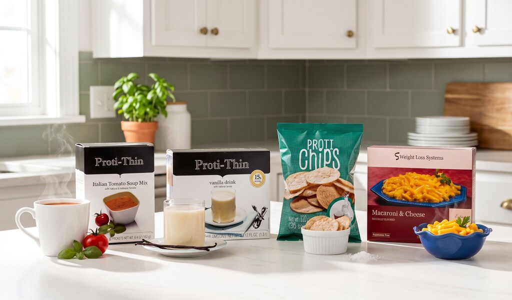 Proti-thin tomato soup and vanilla drink, a bowl of protein chips and Weight Loss Systems macaroni and cheese