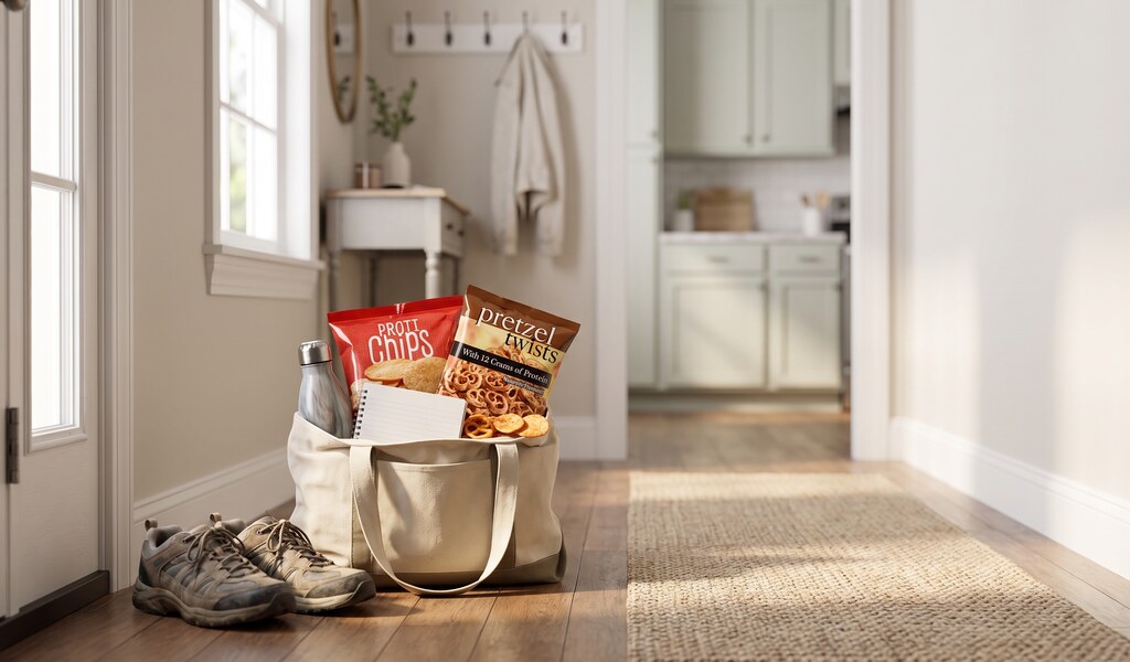 Walking shoes by a front door beside a tote bag holding a water bottle, a notebook, protein chips and pretzel twists