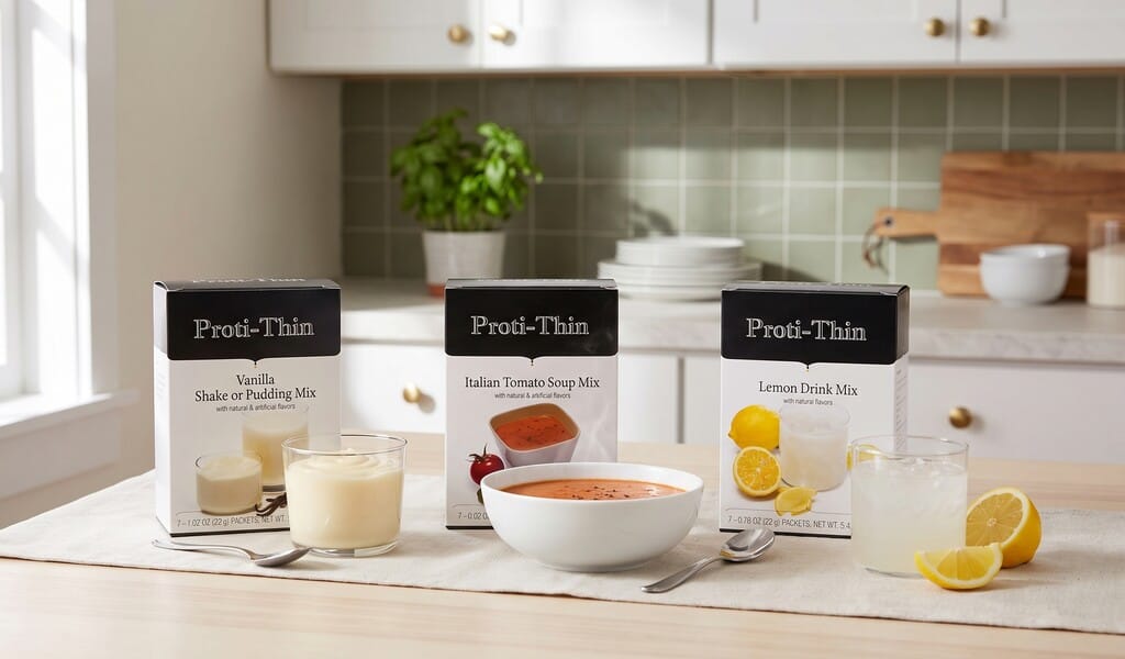 Proti-Thin vanilla pudding, Italian tomato soup and lemon drink set apart on a kitchen table by a window.