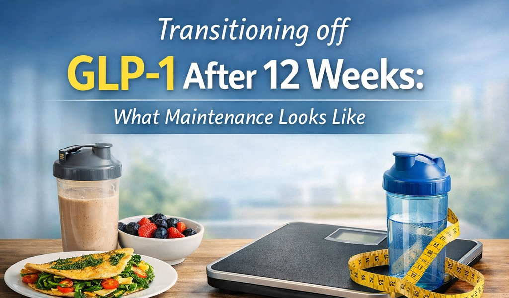 GLP 1 maintenance blog header showing protein shake omelet berries bathroom scale and water bottle