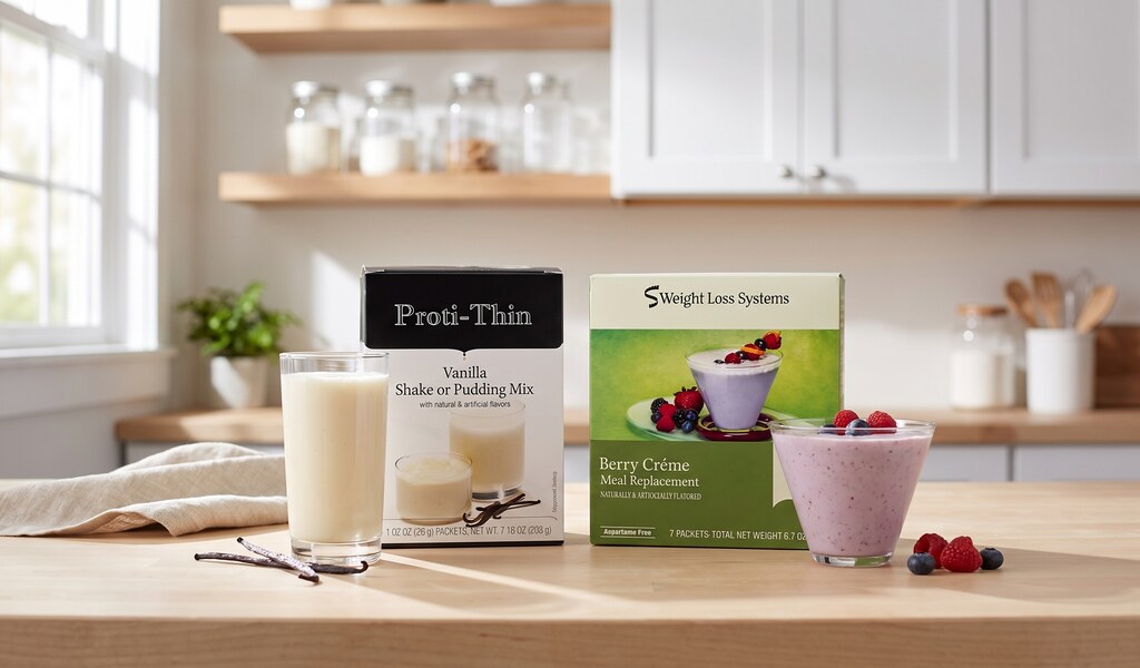 A glass of Proti-thin vanilla shake and a Weight Loss Systems berry smoothie in front of their boxes