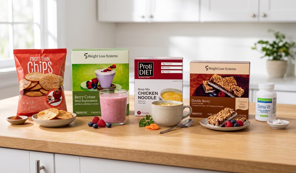 Proti-thin barbecue chips, berry smoothie, ProtiDiet chicken noodle soup, double berry bar and Soma-Vit bottle on a counter