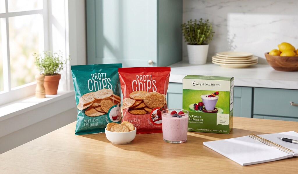 Two bags of protein chips with a small bowl, a Weight Loss Systems berry smoothie and a notebook on a kitchen table