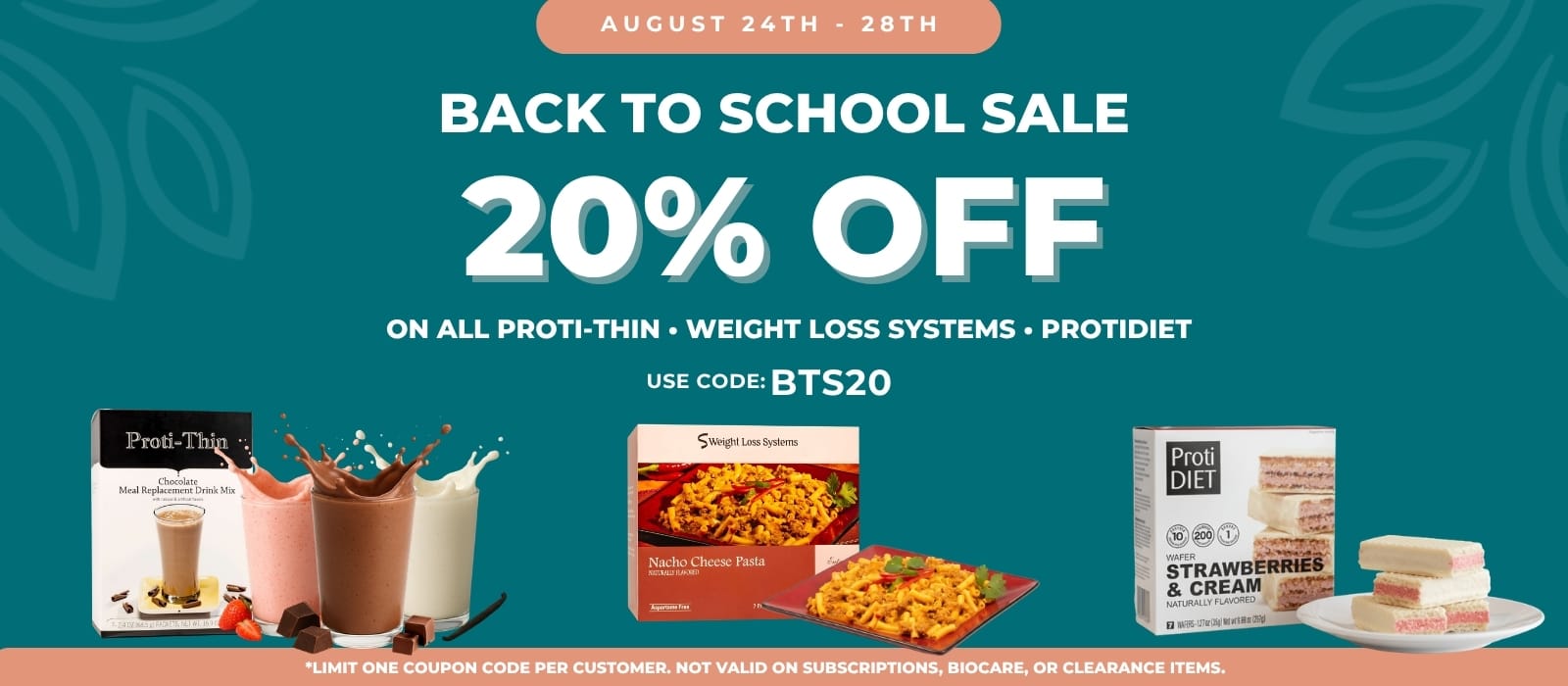Promotional banner for a back to school sale offering 20% off on all ProDiThin, Weight Loss Systems, and Protidiet, with use code BTS20. The banner features various product packages including a protein shake mix, a smoothie recipe book, a pasta box, and a strawberry and cream sandwich on a dark teal background with subtle leaf patterns.